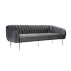 Decy 74 Inch Sofa, Channel Stitched, Cushioned Seat, Gray Velvet, Silver