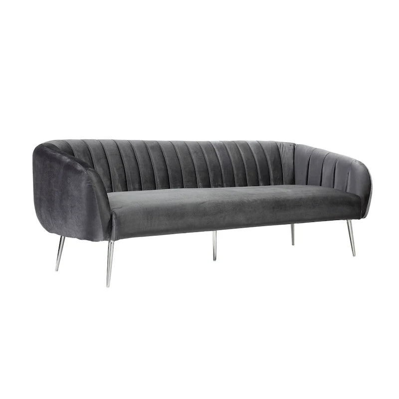 Decy 74 Inch Sofa, Channel Stitched, Cushioned Seat, Gray Velvet, Silver