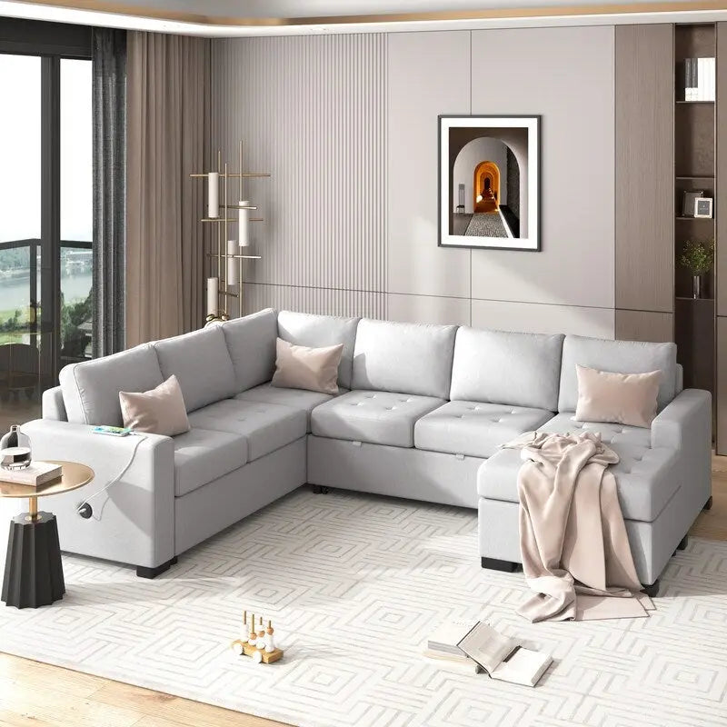 L-Shaped Corner Combination Sofa with Ottoman,USB and Type-C Interfaces
