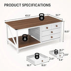 Coffee Table with 4 Storage Drawers - 19.7D x 43.3W x 19.5H