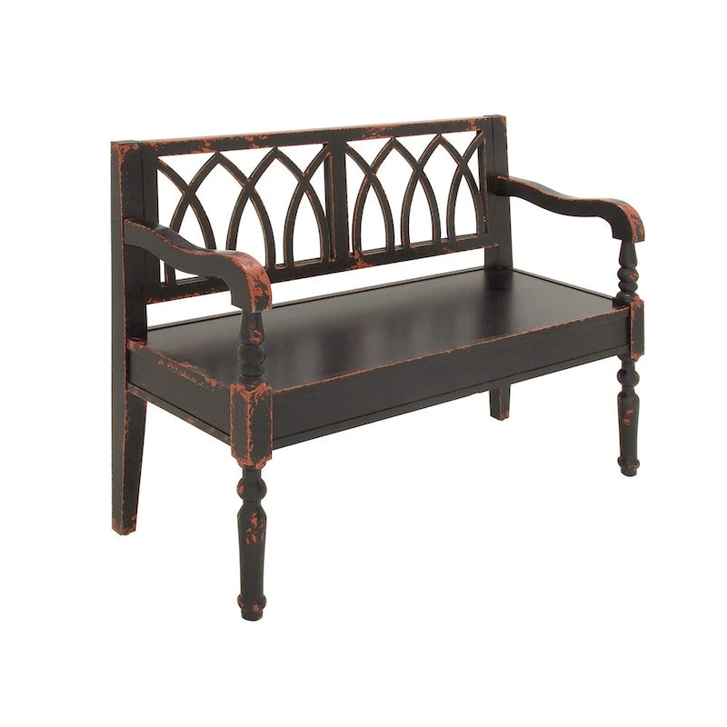Wood Distressed Bench with Arched Design Back and Turned Legs - Black or White - Roche River Decor