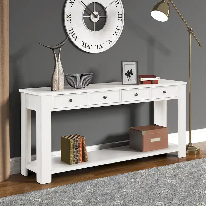 63 Pine Wood Console Table with 4 Drawers and 1 Bottom Shelf