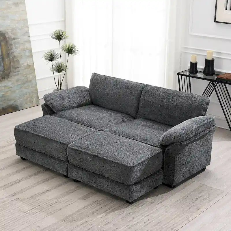 4 Seat Upholstered Free Combination Modular Convertible Sectional Sofa Bed Set, Deep-Seat,Ottoman,Grey