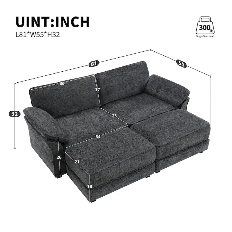 4 Seat Upholstered Free Combination Modular Convertible Sectional Sofa Bed Set, Deep-Seat,Ottoman,Grey