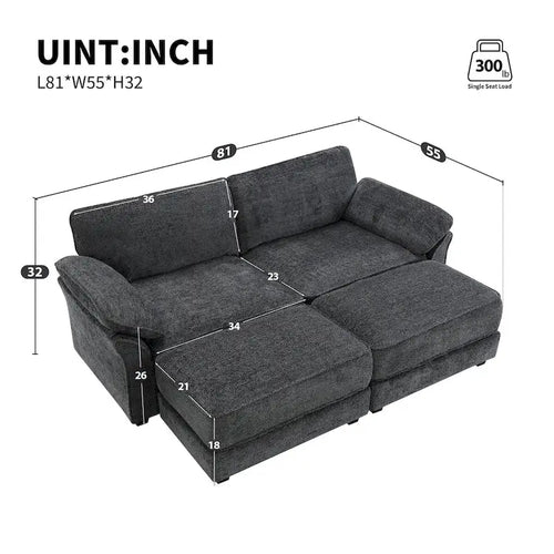 4 Seat Upholstered Free Combination Modular Convertible Sectional Sofa Bed Set, Deep-Seat,Ottoman,Grey