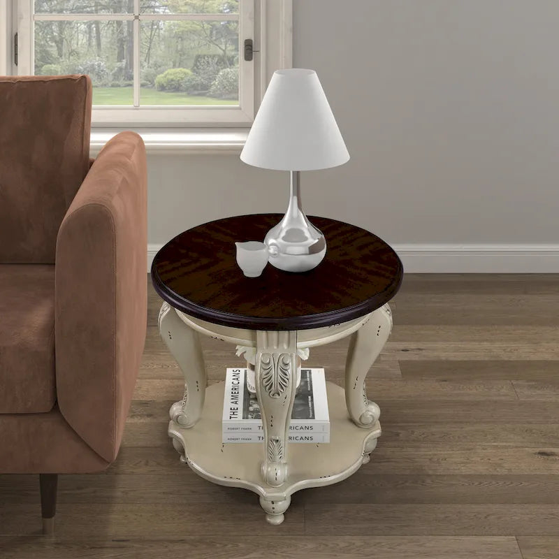 22 Retro Round End Table,Solid Wood Sofa Side Table with Shelf,Living Room Corner Table Easy Assemble
