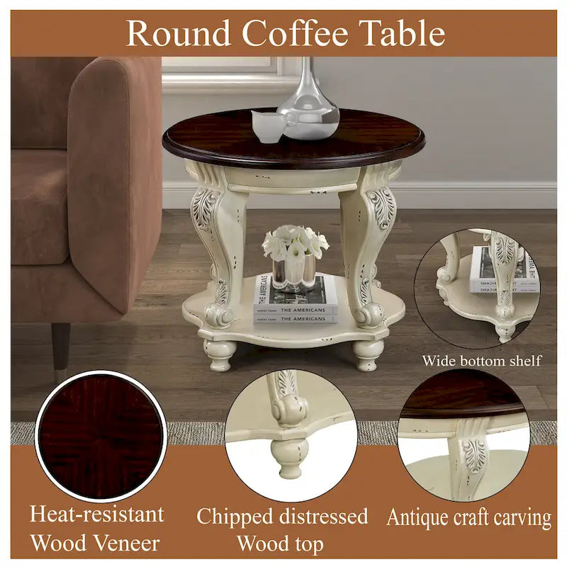 22 Retro Round End Table,Solid Wood Sofa Side Table with Shelf,Living Room Corner Table Easy Assemble