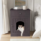 Wooden Pet House Cat Litter Box Enclosure with Drawer, Side Table, Indoor Pet Crate, Cat Home (Brown)