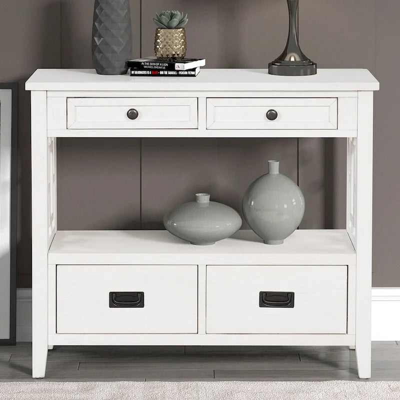 36 Farmhouse Pine Wood Console Table Entry Sofa Table with 4 Drawers & 1 Storage Shelf