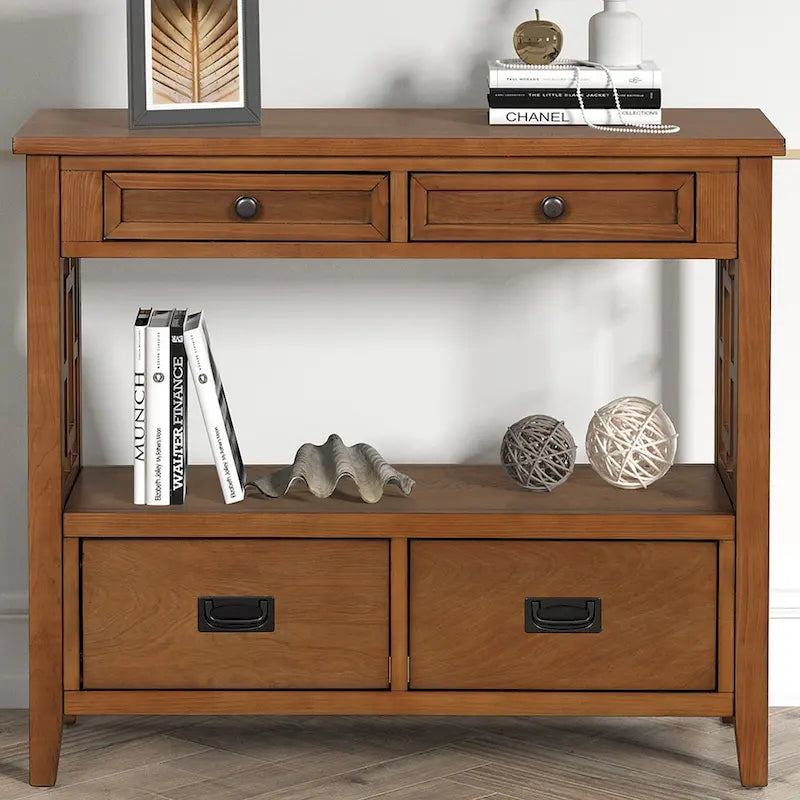36 Farmhouse Pine Wood Console Table Entry Sofa Table with 4 Drawers & 1 Storage Shelf