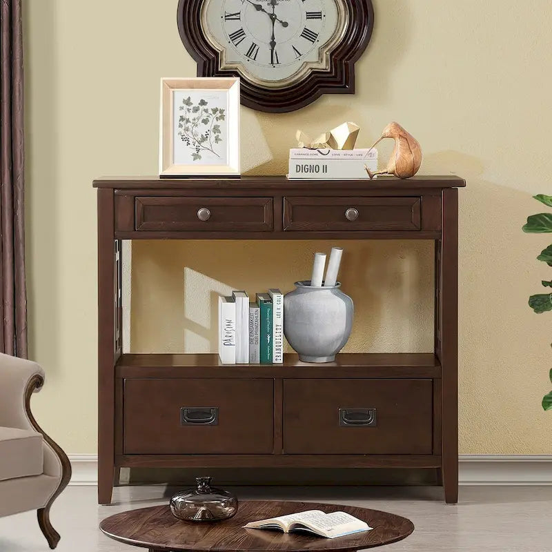 36 Farmhouse Pine Wood Console Table Entry Sofa Table with 4 Drawers & 1 Storage Shelf