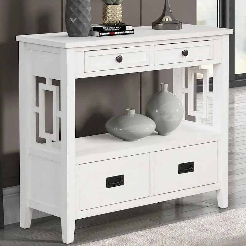36 Farmhouse Pine Wood Console Table Entry Sofa Table with 4 Drawers & 1 Storage Shelf
