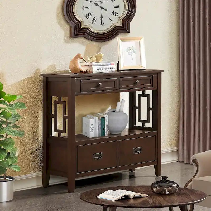 36 Farmhouse Pine Wood Console Table Entry Sofa Table with 4 Drawers & 1 Storage Shelf