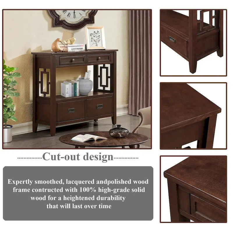 36 Farmhouse Pine Wood Console Table Entry Sofa Table with 4 Drawers & 1 Storage Shelf