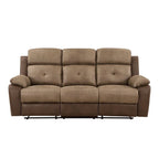 Emma 84 Inch Double Manual Recliner Sofa, Soft Brown Microfiber, Solid Wood