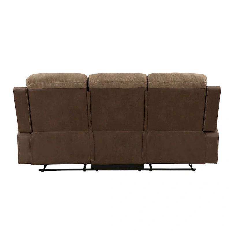 Emma 84 Inch Double Manual Recliner Sofa, Soft Brown Microfiber, Solid Wood