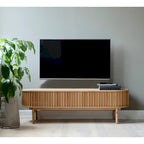 Rye Studio Mid-Century Modern Rounded Sliding Door TV Lowboard, 63W, Natural - 18W x 63L x 19H