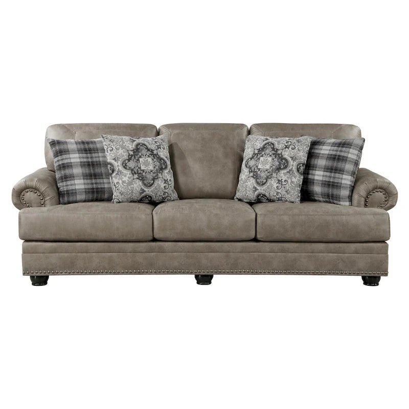 Jade 98 Inch Sofa, Taupe Brown Microfiber, 4 Pillows, Soft Cushions, Wood