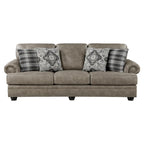 Jade 98 Inch Sofa, Taupe Brown Microfiber, 4 Pillows, Soft Cushions, Wood
