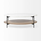 HomeRoots 48 Brown and Black Genuine Marble and Metal Oval Coffee Table With Shelf - 30