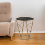 HomeRoots 24 Champagne And Black Faux Marble Glass And Metal Round End Table - 22' X '24' X '22