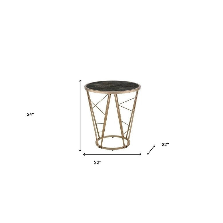 HomeRoots 24 Champagne And Black Faux Marble Glass And Metal Round End Table - 22' X '24' X '22