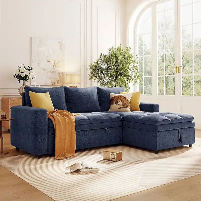 Blue L-Shaped Sectional Sofa Bed with Storage, Soft Chenille Fabric