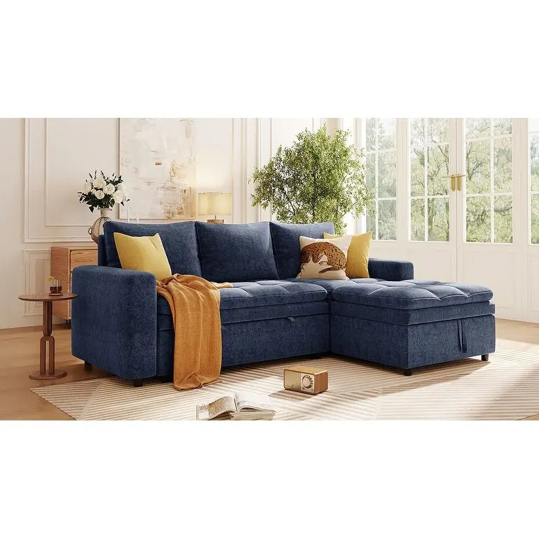 Blue L-Shaped Sectional Sofa Bed with Storage, Soft Chenille Fabric