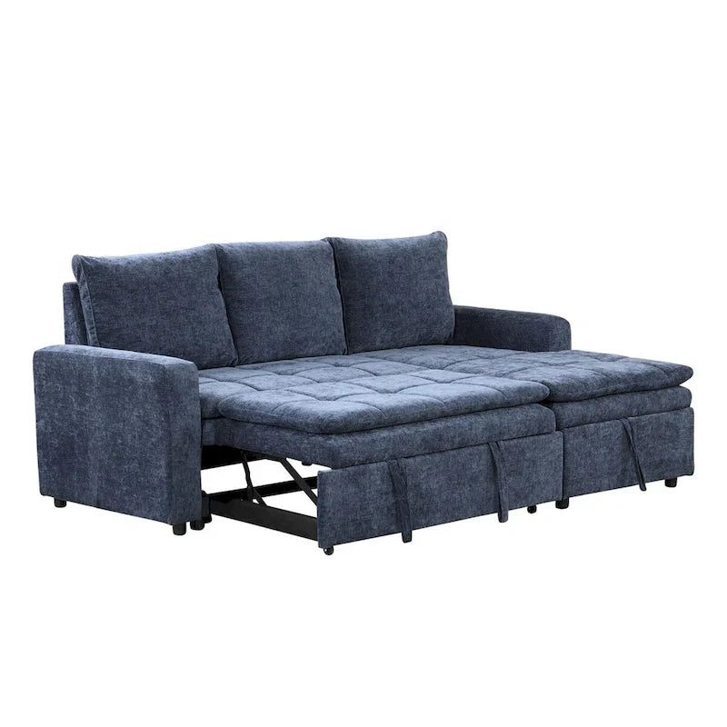Blue L-Shaped Sectional Sofa Bed with Storage, Soft Chenille Fabric