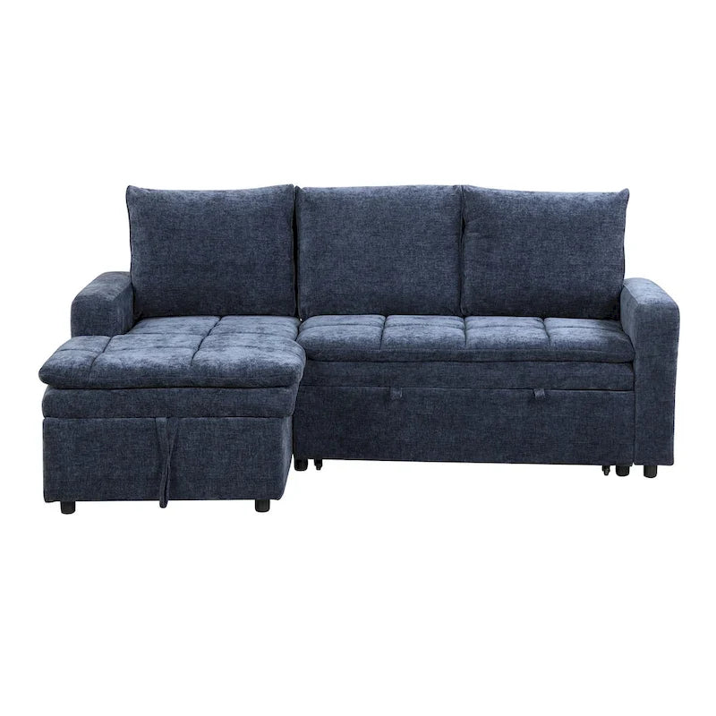 Blue L-Shaped Sectional Sofa Bed with Storage, Soft Chenille Fabric