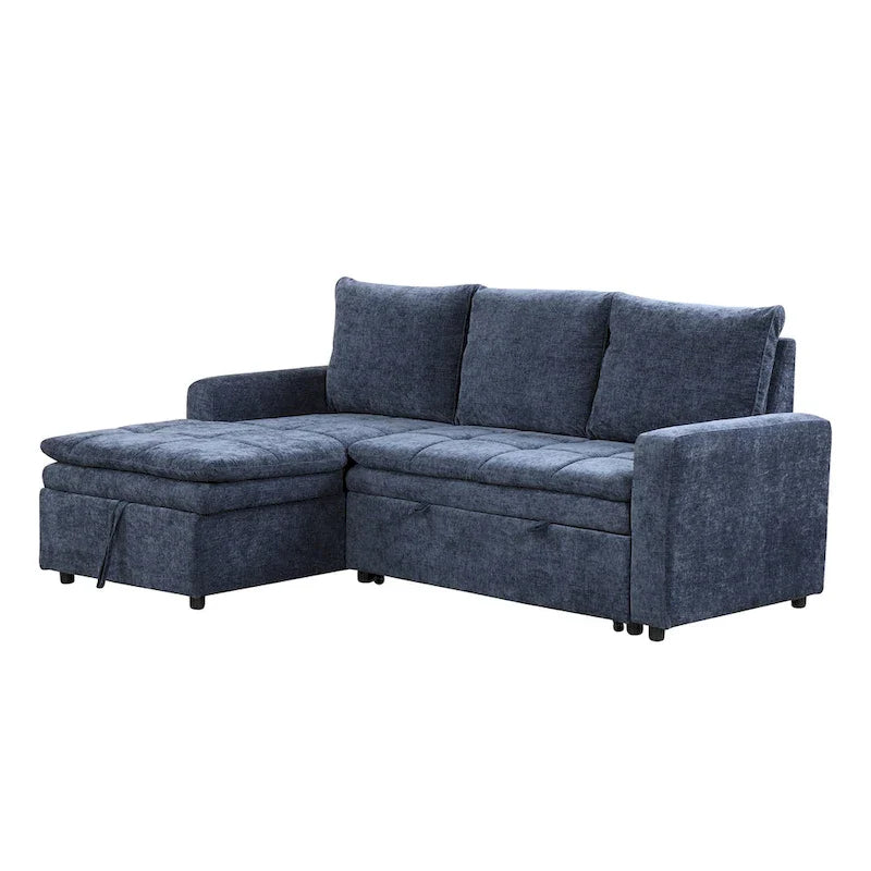 Blue L-Shaped Sectional Sofa Bed with Storage, Soft Chenille Fabric