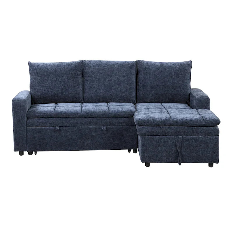Blue L-Shaped Sectional Sofa Bed with Storage, Soft Chenille Fabric