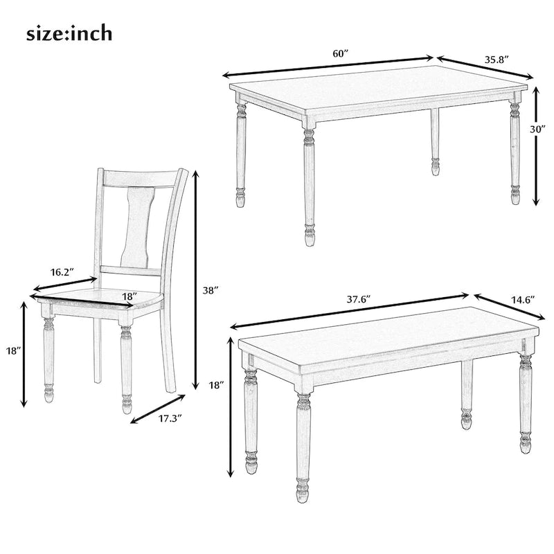 Classic 6-Piece Dining Set Wooden Table and 4 Chairs with Bench