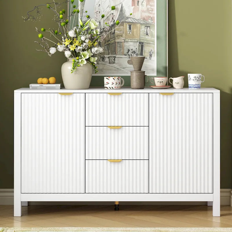 Modern Wave-Design Entryway Cabinet with 3 Adjustable Shelves 2Doors Storage Console Table with3 Drawers