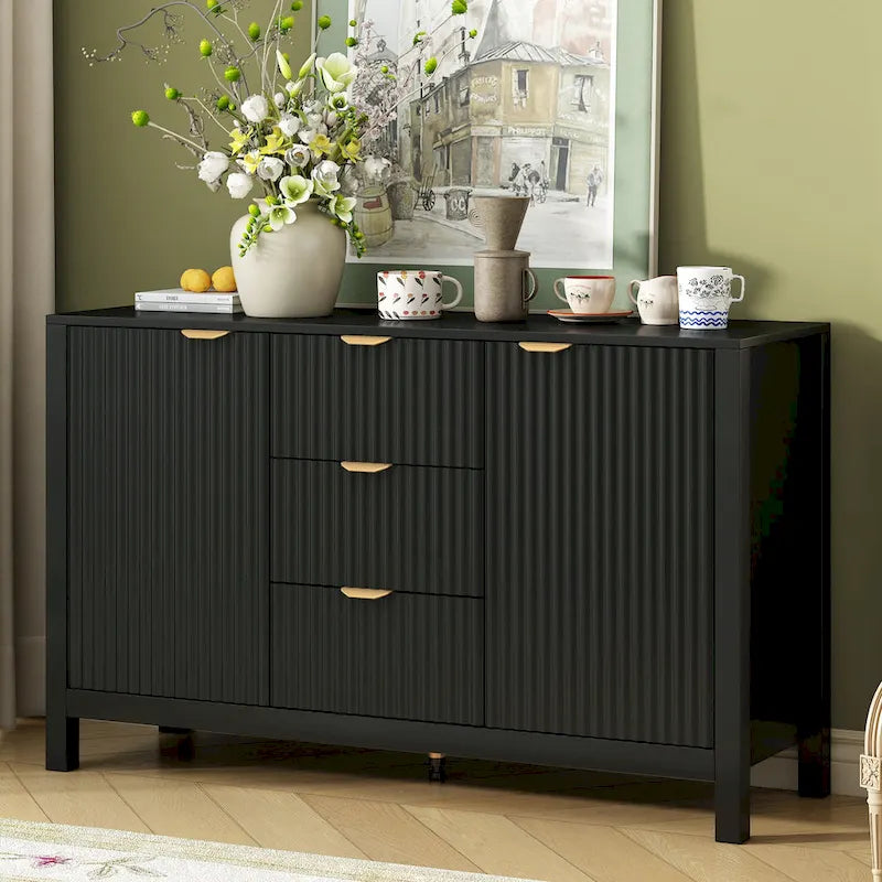 Modern Wave-Design Entryway Cabinet with 3 Adjustable Shelves 2Doors Storage Console Table with3 Drawers