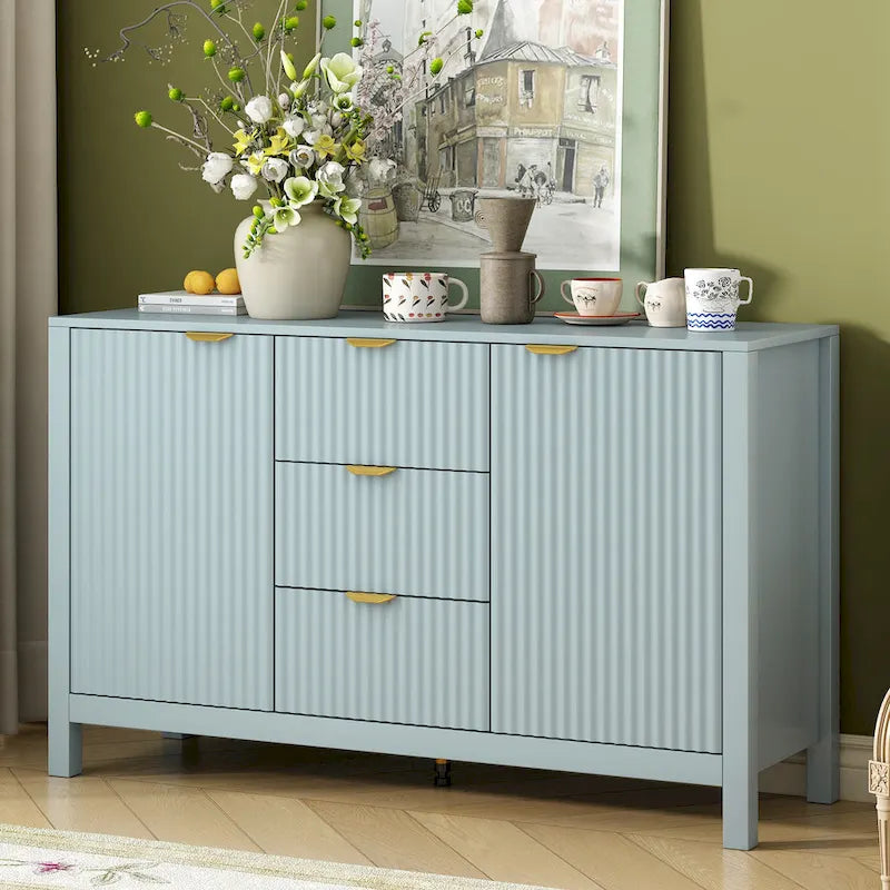 Modern Wave-Design Entryway Cabinet with 3 Adjustable Shelves 2Doors Storage Console Table with3 Drawers