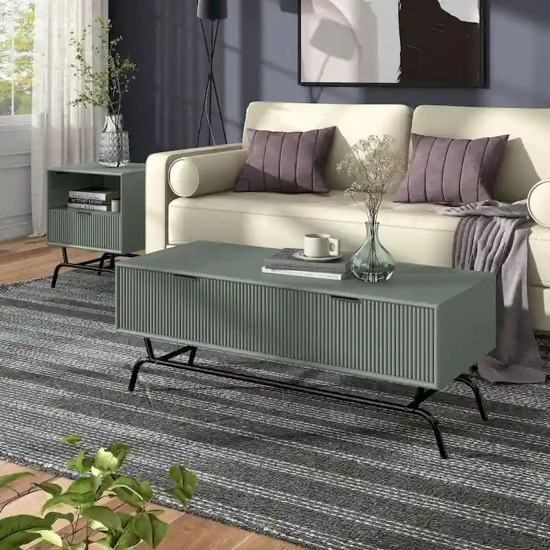 DH BASIC 2-Piece Modern Coffee Table and End Table Set with 3D Wave Accented Drawers by Denhour