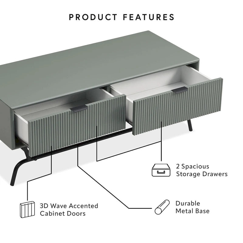 DH BASIC 2-Piece Modern Coffee Table and End Table Set with 3D Wave Accented Drawers by Denhour