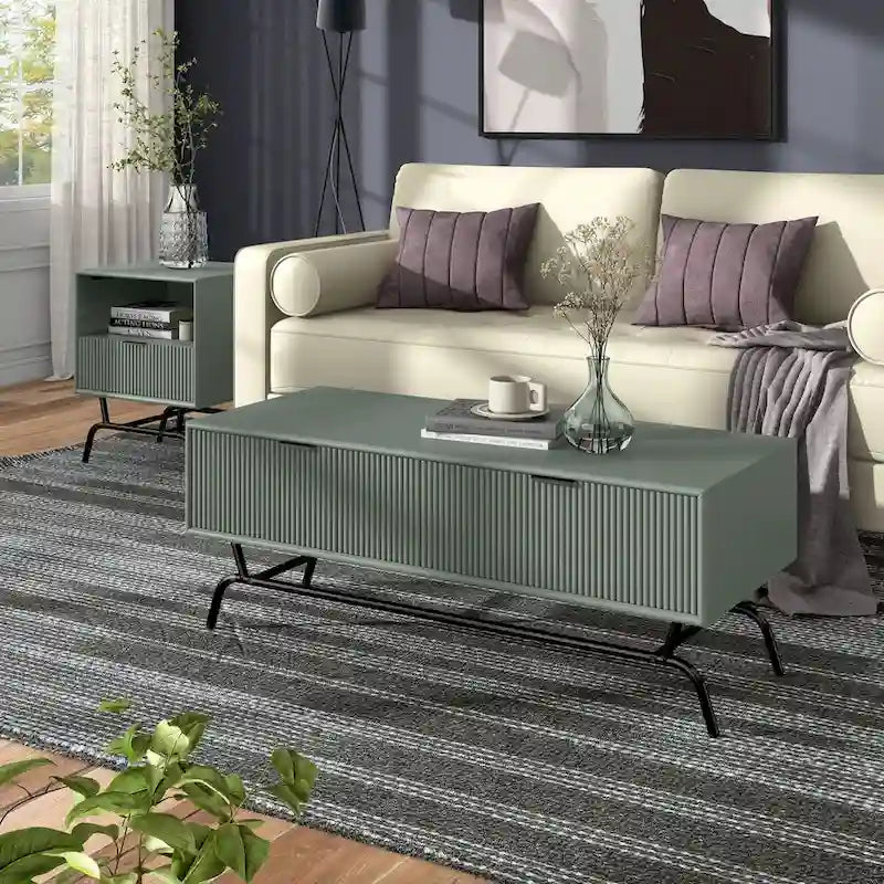 DH BASIC 2-Piece Modern Coffee Table and End Table Set with 3D Wave Accented Drawers by Denhour