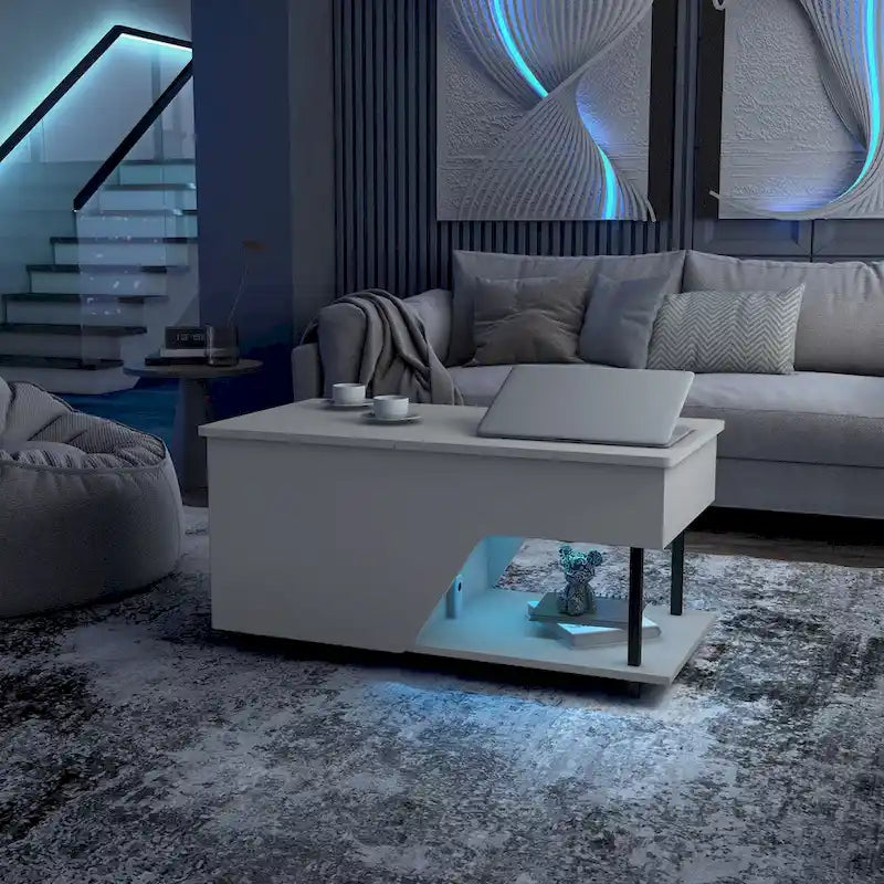 DH BASIC Modern 37-inch Lift-Top Coffee Table with 16 Colors LED Light and Adjustable Shelf