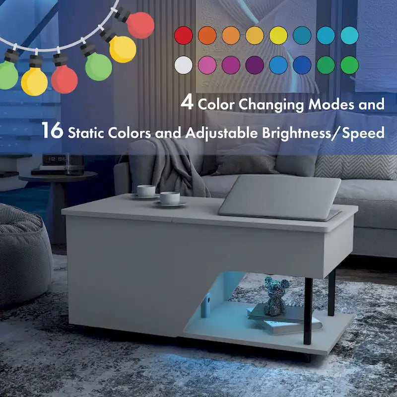 DH BASIC Modern 37-inch Lift-Top Coffee Table with 16 Colors LED Light and Adjustable Shelf