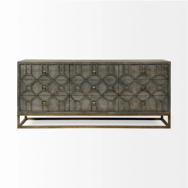 Genevieve II Gray Fir Veneer w/Gold Metal Frame Base 9 Drawer Sideboard