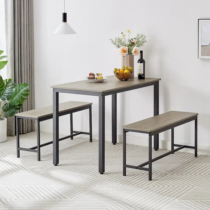 Dining Table Set, Bar Table with 2 Dining Benches, Kitchen Table Counter with Chairs, Industrial for Breakfast Table