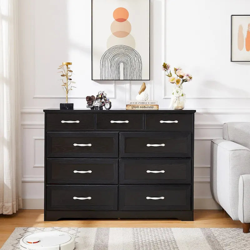 Bedroom dresser, 9 drawer long dresser with antique handles, wood chest of drawers for kids room, living room, entry and hallway