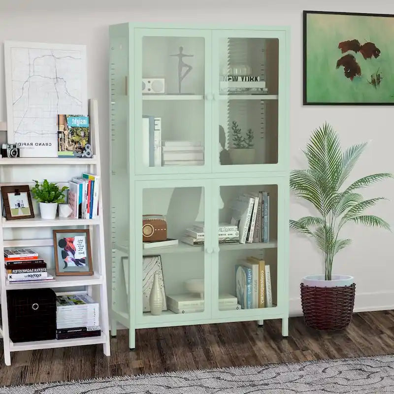 Four Glass Door Storage Cabinet with Adjustable Shelves and Feet Cold-Rolled Steel Sideboard Furniture