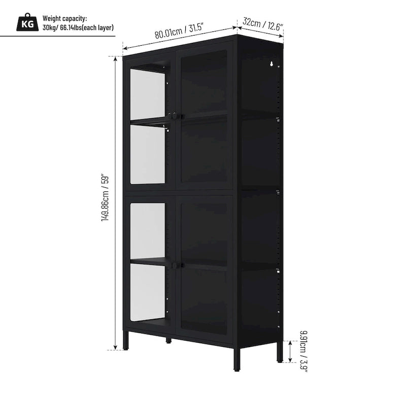 Four Glass Door Storage Cabinet with Adjustable Shelves and Feet Cold-Rolled Steel Sideboard Furniture
