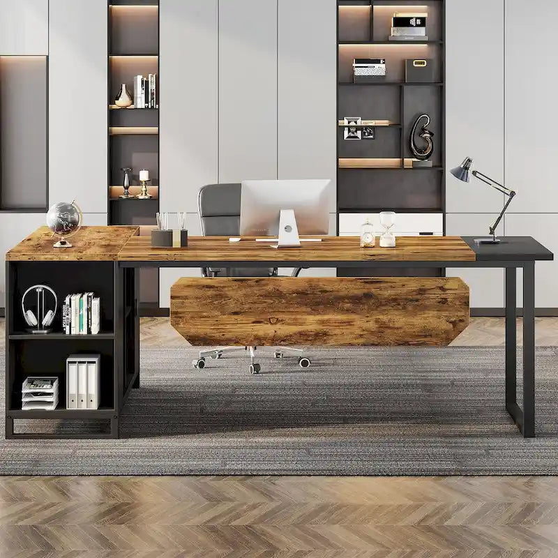 70.8-Inch Executive Desk with 55-Inch File Cabinet, Large L Shaped Computer Desk with Storage Cabinet and Shelves