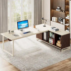 70.8-Inch Executive Desk with 55-Inch File Cabinet, Large L Shaped Computer Desk with Storage Cabinet and Shelves