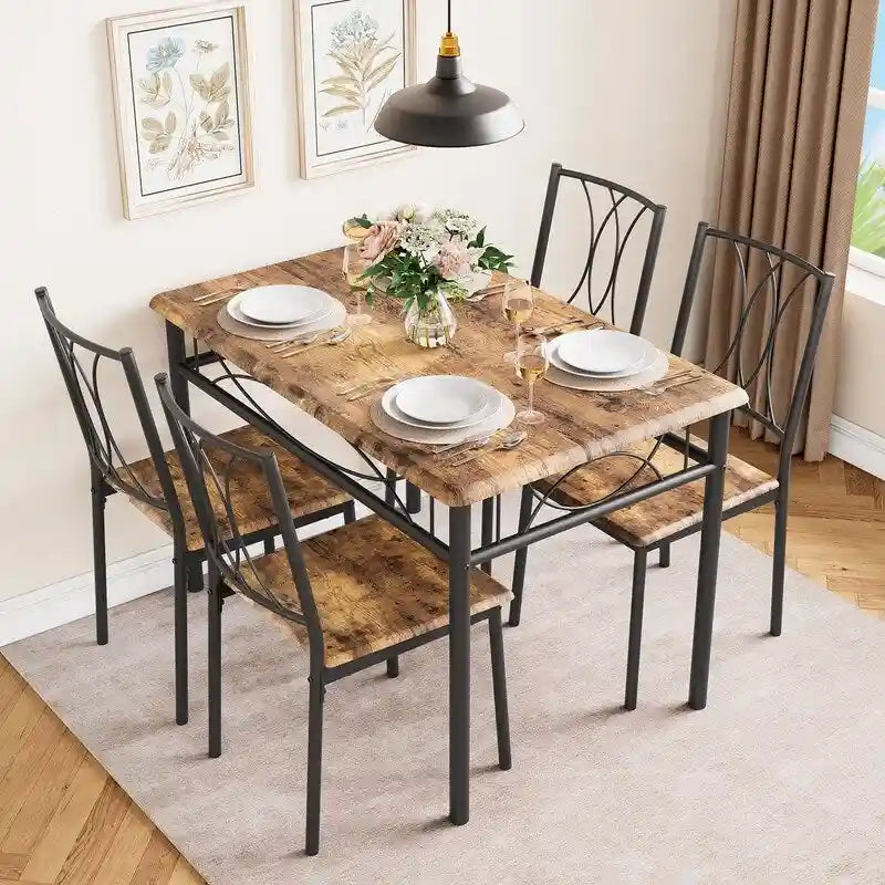 Dining Table Set for 4, Kitchen Table with 2 Upholstered Benches