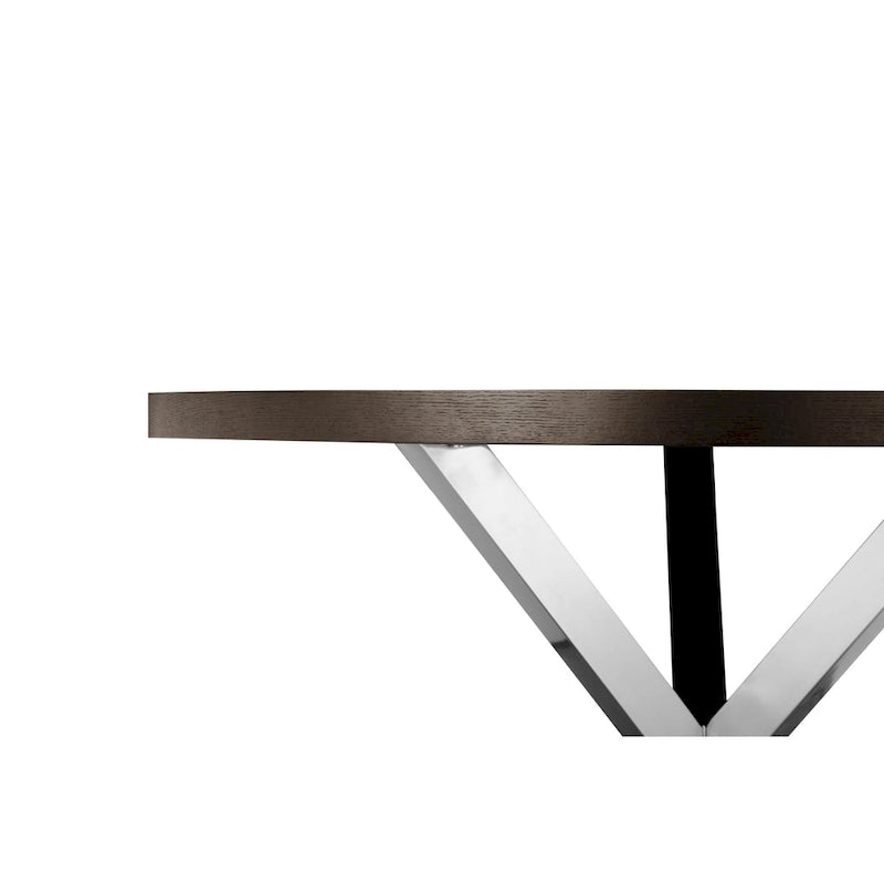 Emi 47 Inch Round Dining Table, X- Cross Brushed Steel, Dark Brown Wood